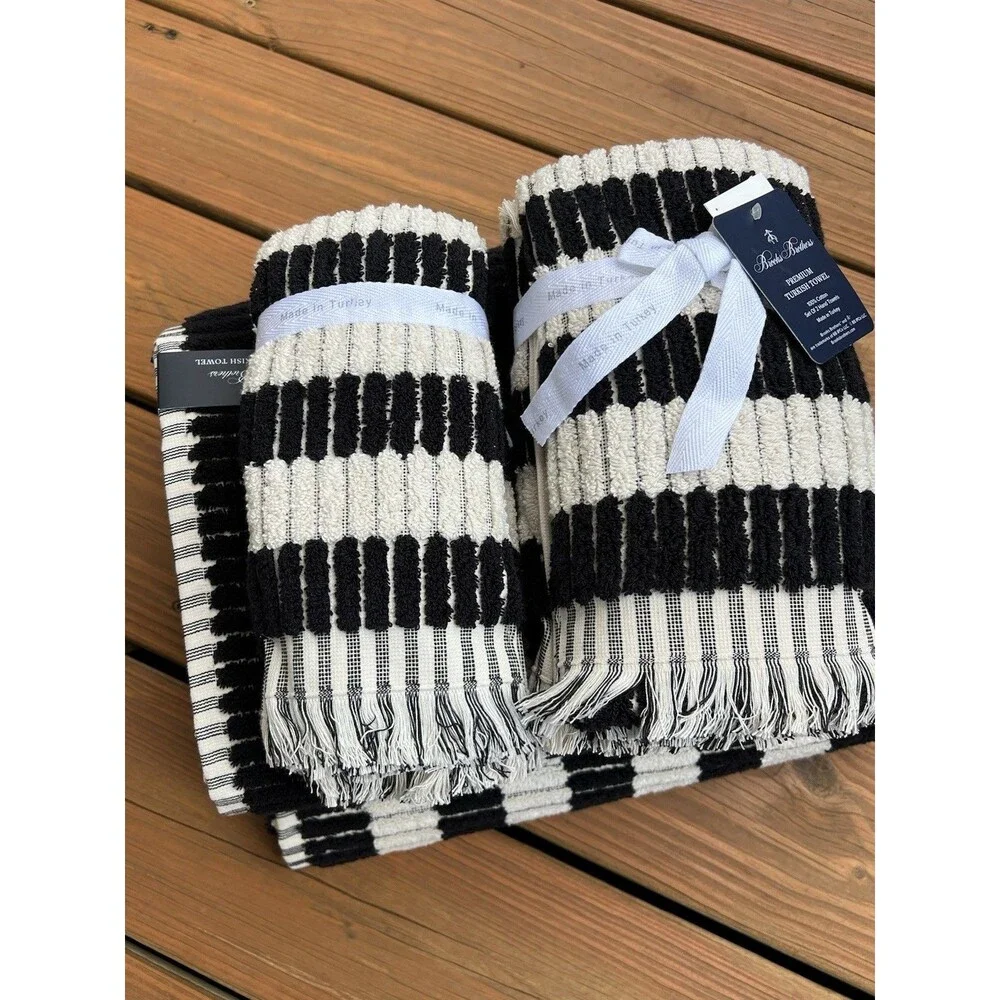6 PC Brooks Brothers 2 Bath 2 Hand 2 Tip Turkish Towel  Black Striped Tiles New